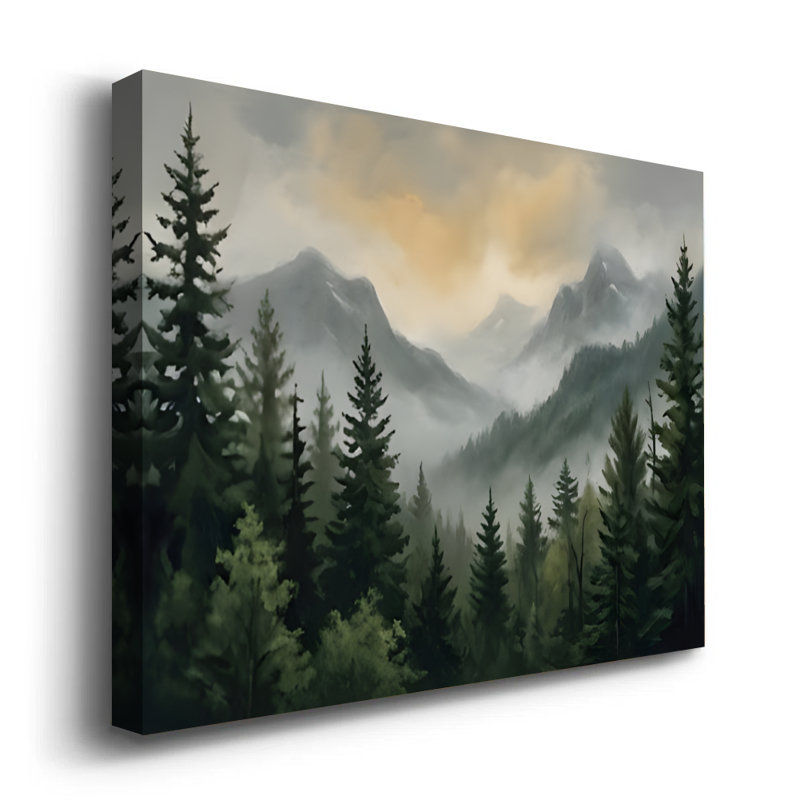 Tableau impressionniste sur toile « Forêt brumeuse majestueuse des montagnes », 61 x 91 cm, monté sur châssis, décor mural gris et pin pour salon, chambre et bureau.