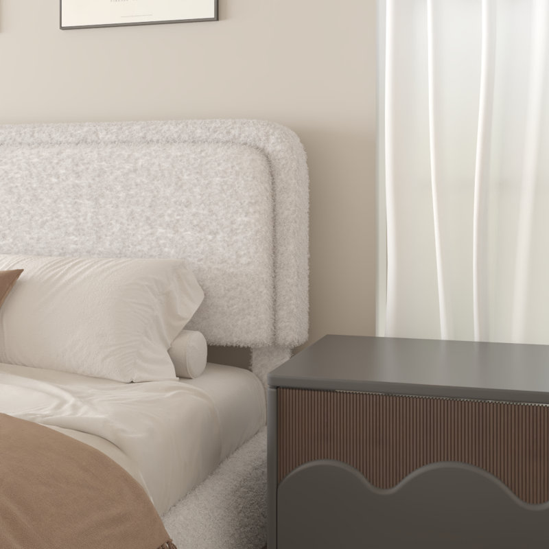 Haden Lambswool Boucle Upholstered Platform Bed Frame with Headboard, White, Full