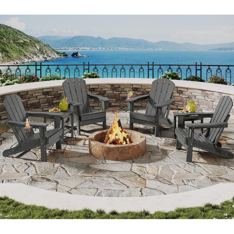 Ensemble de 4 chaises Adirondack pliantes en PEHD gris avec 2 tables d'appoint - Siège de patio résistant aux intempéries