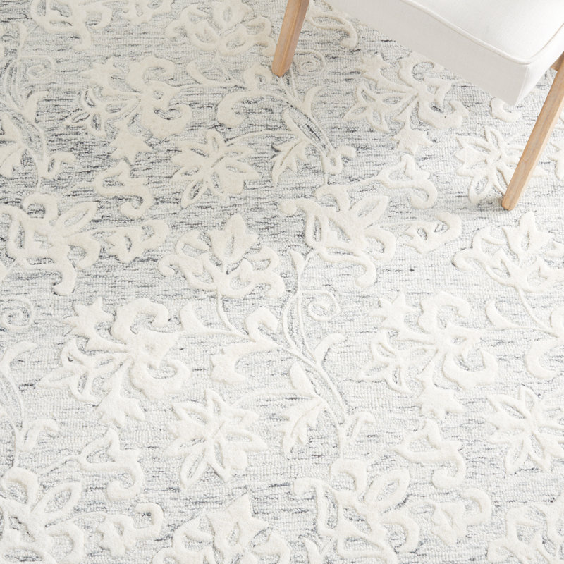 Tapis floral gris / ivoire en laine touffeté à la main Abdouallah, Carré 6 pi