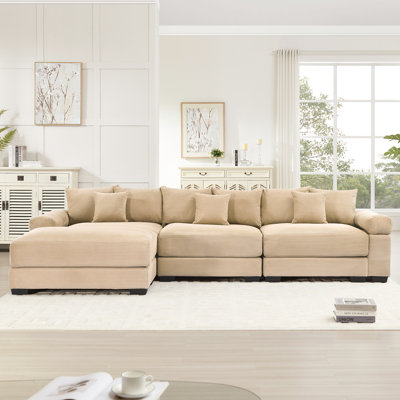 Camel Corduroy L - Shape Couch With Oversized Dimensions, 9 Pillows, And Matching For Customizable Living Spaces 130" Sectional Ergonomic Design, Deep Seat, Comfort At Home
