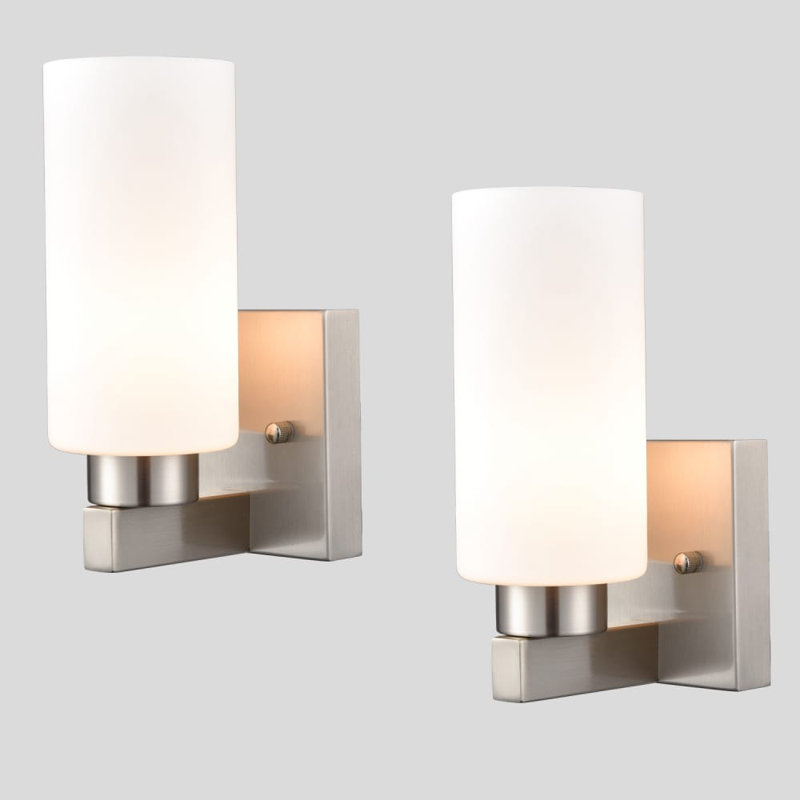 Venice Bathroom Modern Brass Wall Light Milky White Cylinder Glass Set Of 2, Nickel brossé