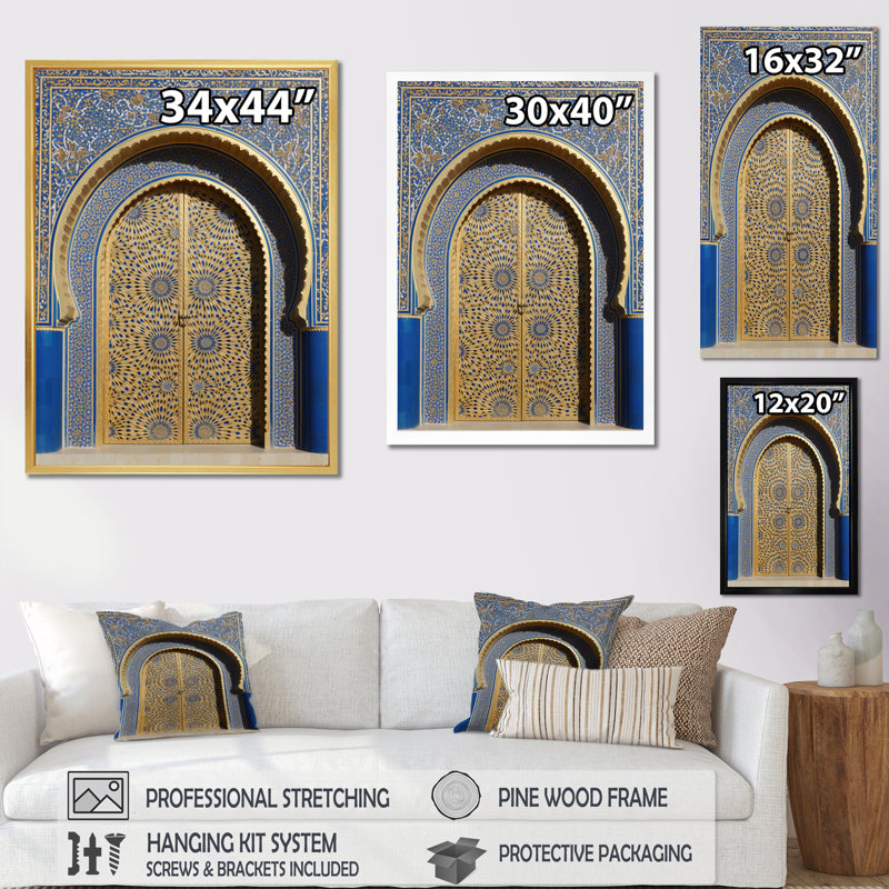 Morroco Palace Golden Doors V - reproduction d'art sur toile rétro, H 44 po x l 34 po x P 1,5 po, Cadre flottant doré