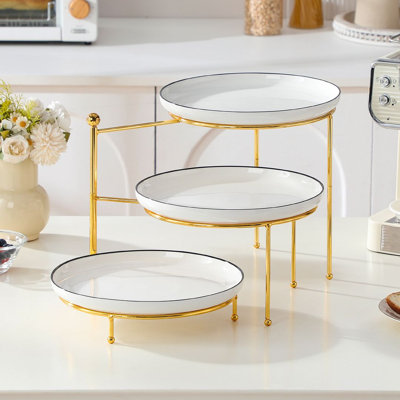 Présentoir à trois étages avec un ensemble de trois assiettes rondes en porcelaine blanche de 26 cm (10,25 po).