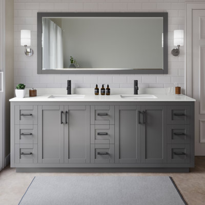 Ensemble de meuble-lavabo double autoportant 84 po avec plateau en quartz Miranda