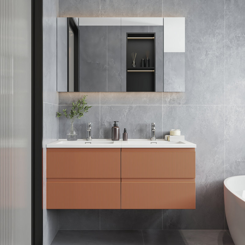 Meuble-lavabo flottant à double cuve, Orange