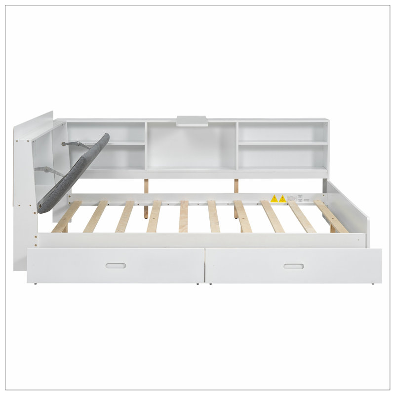 Lit plateforme en bois avec tête de lit, tablettes et 2 tiroirs, blanc, Blanc
