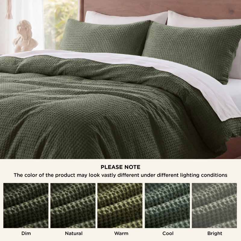 Essential Collection 100% Cotton Waffle Weave Duvet Cover Set, Oversized Queen Duvet cover + 2 Standard Shams, Olive Green