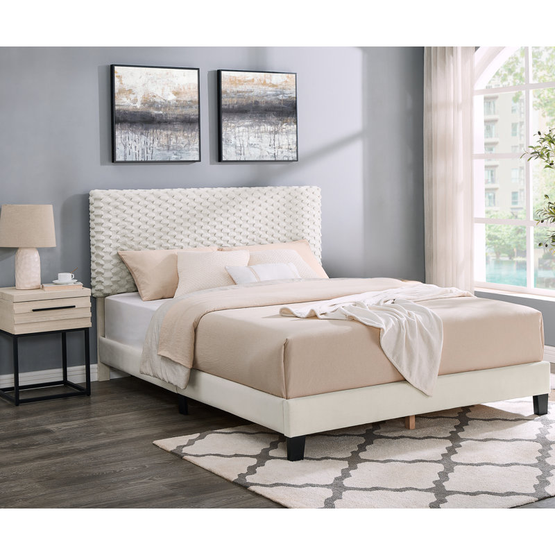 Ensemble de chambre à coucher 2 pièces Findlay, lit rembourré moelleux 3D avec table de chevet, grand, 2 Pcs: Bed, Nightstand