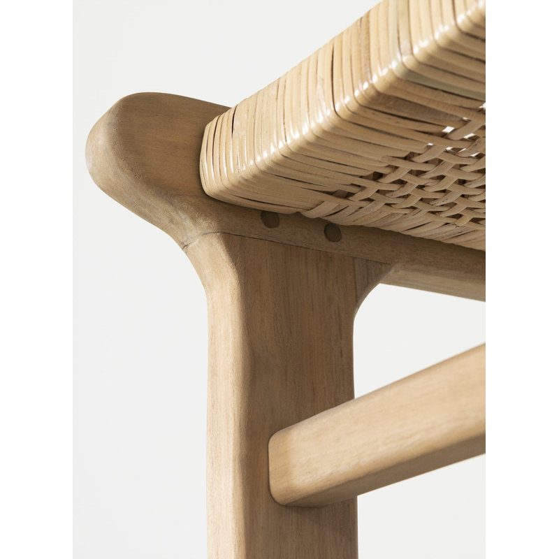 Natural Wood and Rattan Bohemian Bar Stools, Set of 2