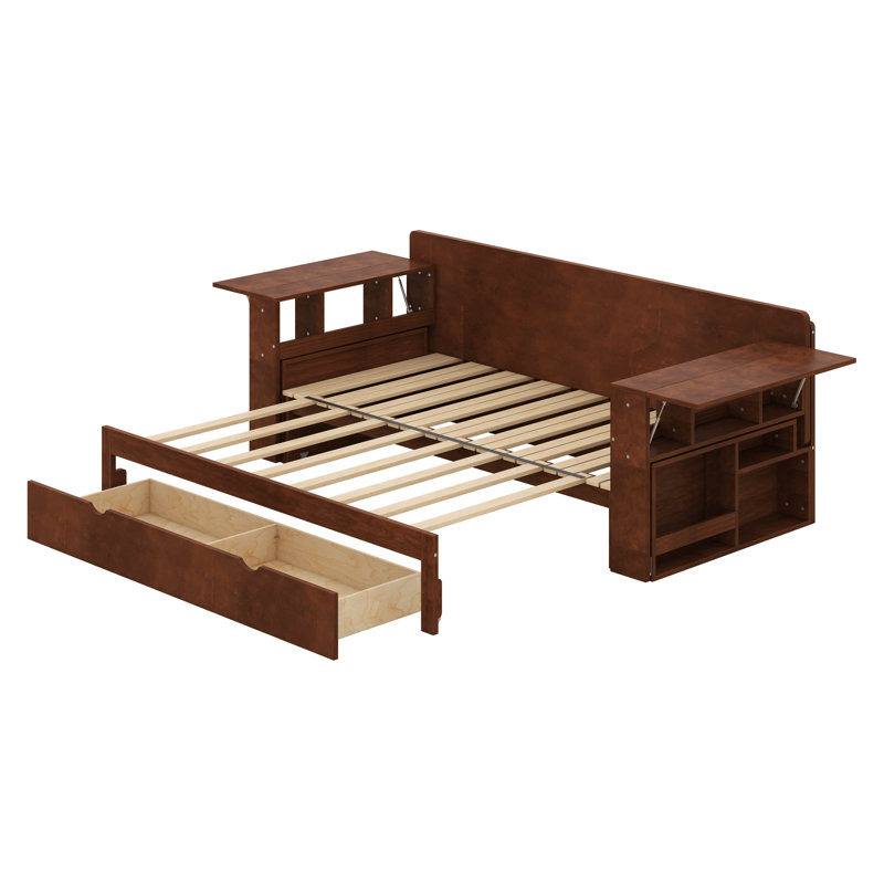 Grand lit de jour avec bureau amovible, structure de lit de jour en bois avec tiroirs de rangement et table d'appoint hydraulique