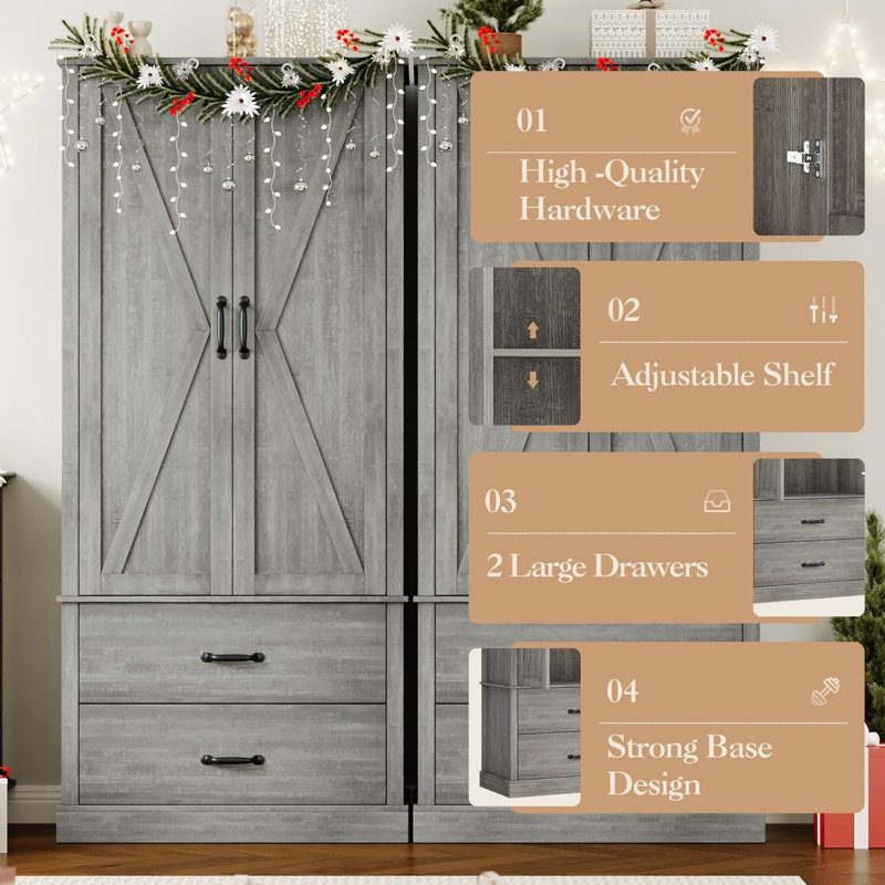 Armoire de cuisine avec portes de grange, tiroirs gris et tablettes réglables pour la cuisine, Naturel