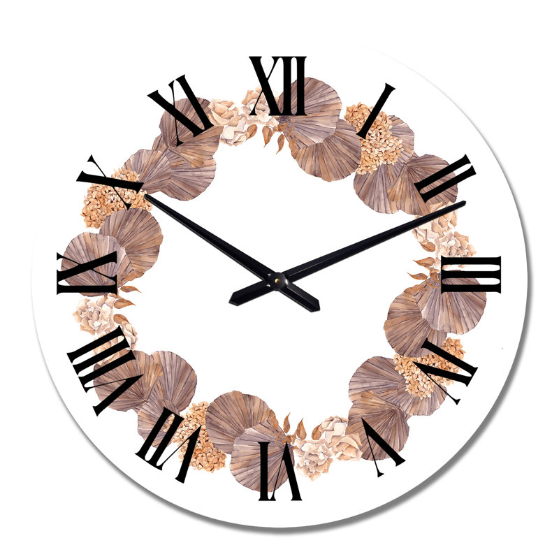 Couronne avec fleurs séchées, feuilles et herbe - Horloge murale traditionnelle, Moyen