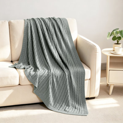 100% Pure Cotton Knitted Blanket, Comfortable Soft Warm Cable Knit Blanket, Machine Washable, Indoor & Outdoor Use