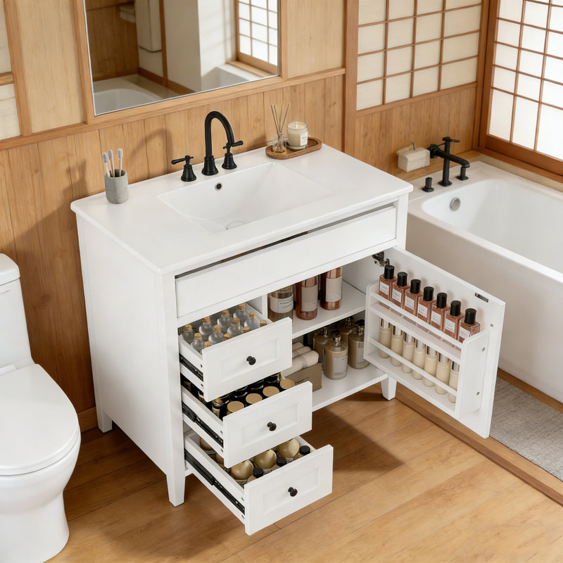 Meuble-lavabo avec lavabo, 3 tiroirs et tablette réglable, Blanc