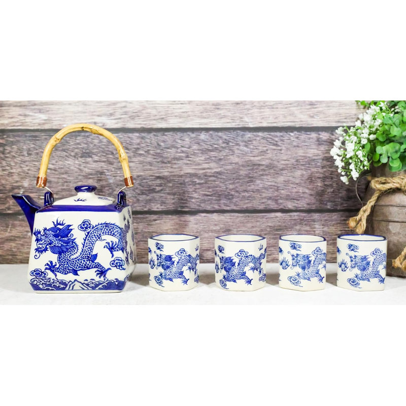 Ensemble de théière hexagonale Heavenly Blue Oriental Dragon King Dragon avec 4 tasses à thé
