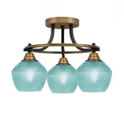 Paramount 3 Bulb Semi Flush Matte Black & Brass Nickel Finish 6" Turquoise Glass