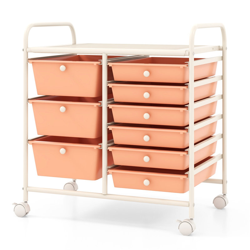  Chariot de rangement roulant à 9 tiroirs avec tiroirs en PP colorés et structure en métal robuste, organisateur compact pour la maison, le bureau, le salon et la salle de classe, pêche
