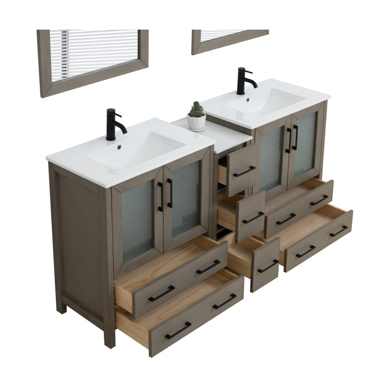 Meuble-lavabo double 72 po avec plateau et miroir, Bois flottant gris