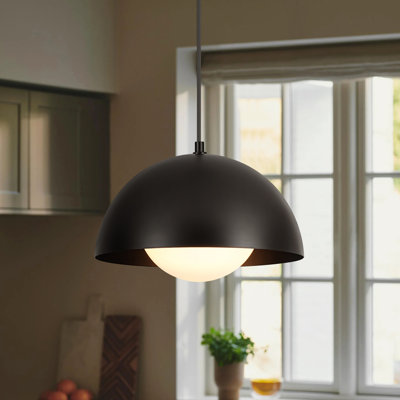 1-Light Modern Dome Pendant Light with Opal Glass Globe and Wood-Look Canopy