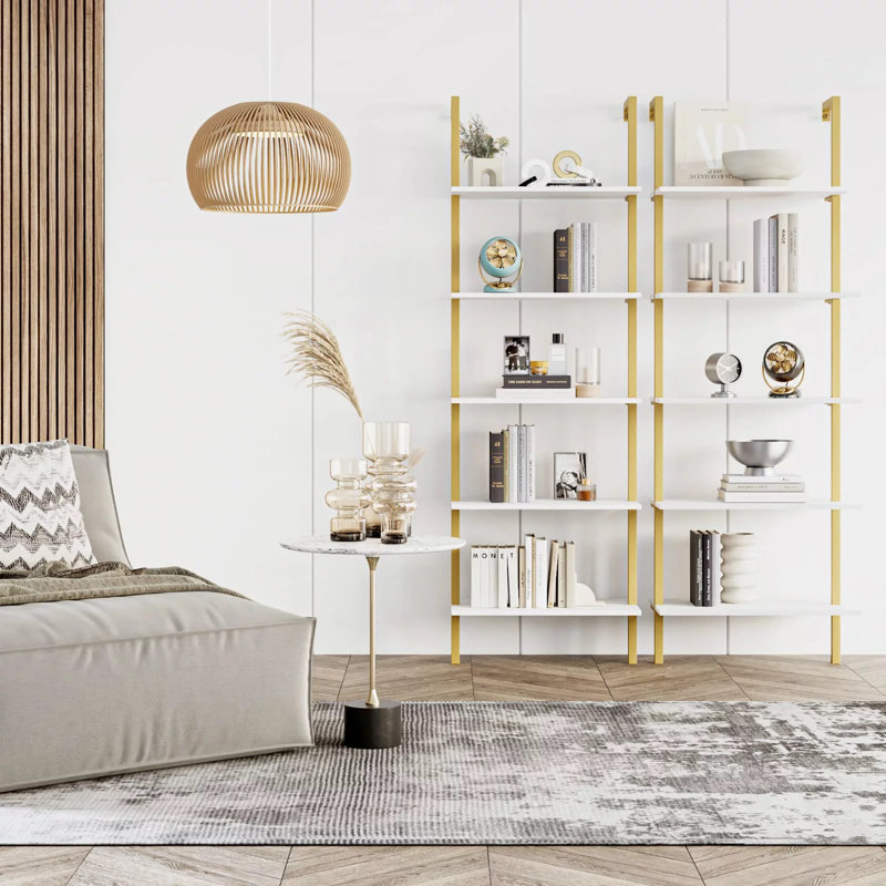Bibliothèque étagère en fer H 72,6 "x l 23,6" Cayden-James, Blanc / Laiton, Ensemble de 2