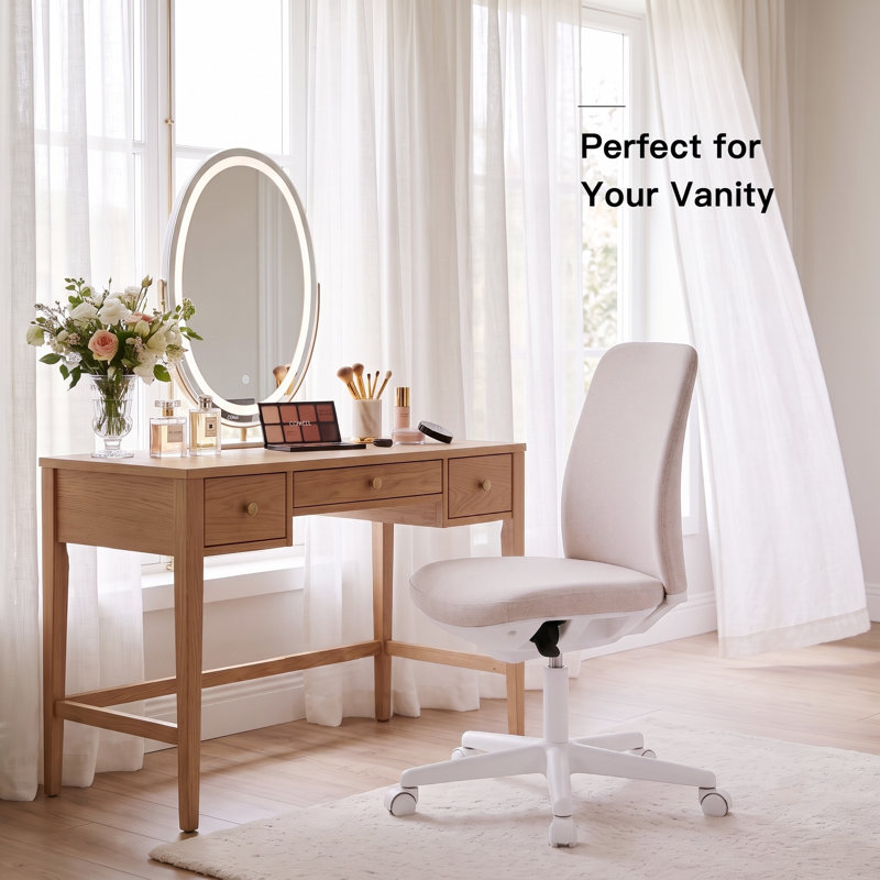 Upholstered Armless Task Chair, Swivel Desk Chair With Wheels, Adjustable Vanity Chair for Make Up, Beige