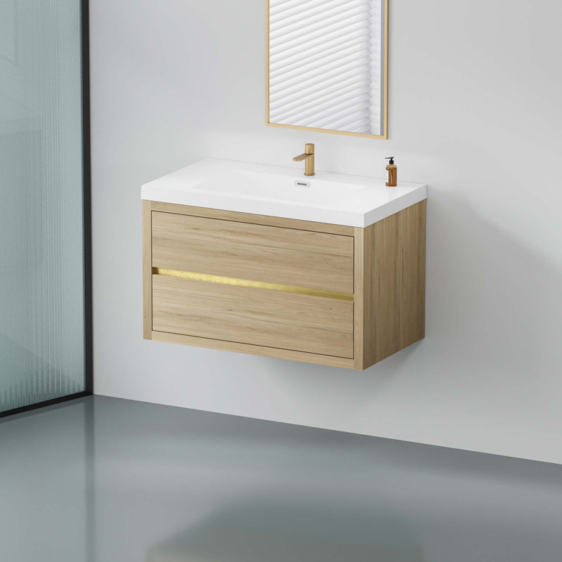 Meuble-lavabo mural avec lavabo, armoire de rangement flottante avec comptoir en résine de pierre et tiroirs à fermeture en douceur