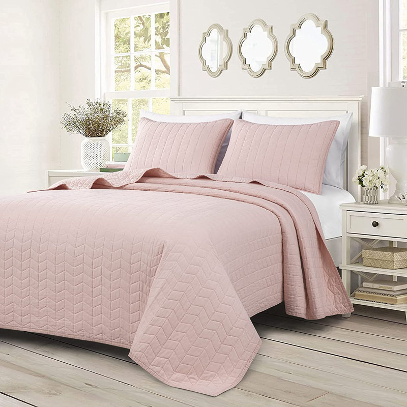 Solid Color Embroidery Stitching Cotton Quilt Sets Cotton Quilt, King Quilt + 2 King Shams, Blush