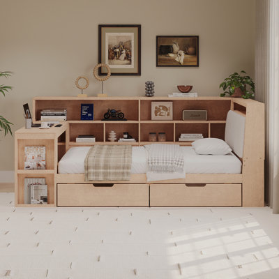 Size L-Shaped Wooden Daybed With Desk And Storage Bookcase, Corner Bed With Upholstered Headboard And Under-Bed Drawers And LED Light For For Bedroom by Latitude Run