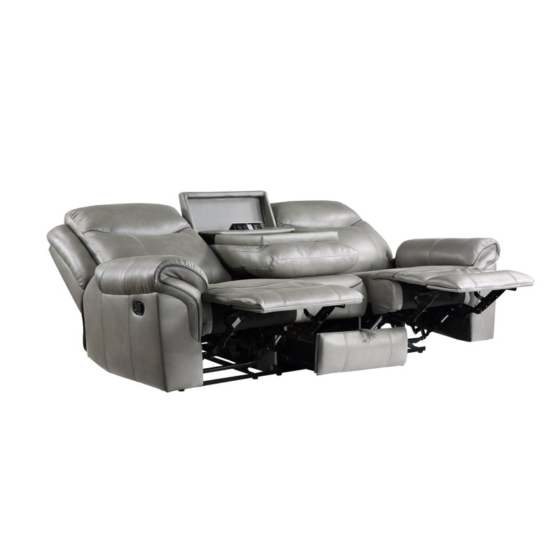 Canapé double inclinable gris 1 pièce avec porte-gobelets rabattables, prises de courant USB et tiroir caché en similicuir rembourré