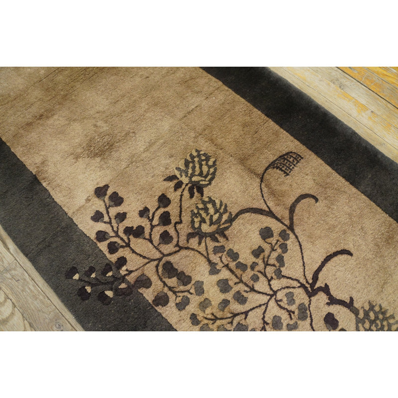 Neutral Cream and Gray Antique Minimalist Chinese Deco Hallway Runner Rug