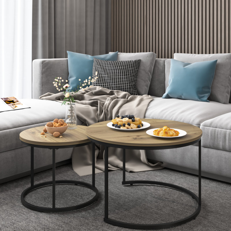 Nesting Coffee Table 2 Pieces, 27.6Inch Round Industrial Wood Style With Solid Metal Base For Living Room Bedroom Lawn (Brown Tables 2Pcs, Look Steady Frame Yard