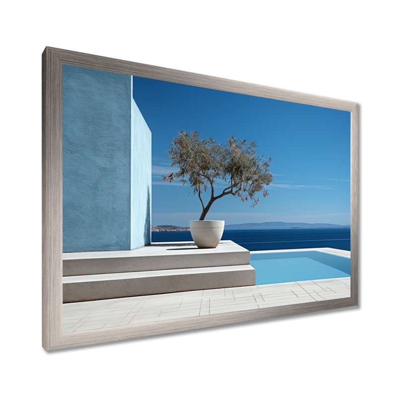 «Grèce Beach House Views Tranquility - Coastal Beach», art mural, H 30 po x l 40 po x P 1,5 po, Cadre simple argenté