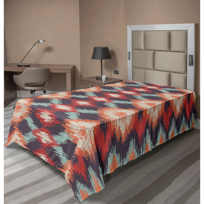 Ambesonne Top Flat Sheet Curving Art, Red Orange Teal Ikat, Twin XL Flat Sheet