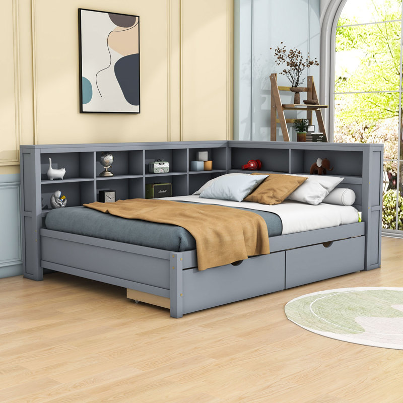 Haileyjo Wood Daybed with 2 Drawers,USB Charging and Shelves, Gray, Full