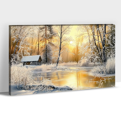 Grande toile murale, paysage de chalet enneigé d'hiver, décoration murale de Noël, impressions de toile de pin de forêt d'hiver rétro, affiche de peinture nature soleil doré pour salon, chambre à coucher, vacances de bureau, 36 po x 48 po
