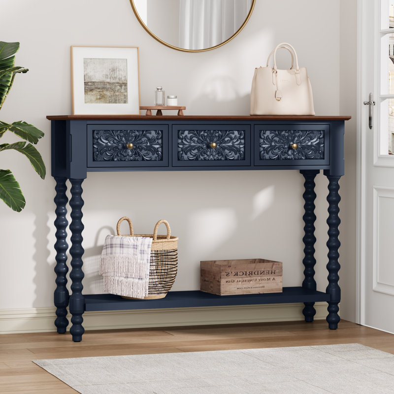 Console 42 po avec 3 tiroirs et détails botaniques sculptés à la main, table d'appoint en bois avec rangement et pieds fuselés, bleu