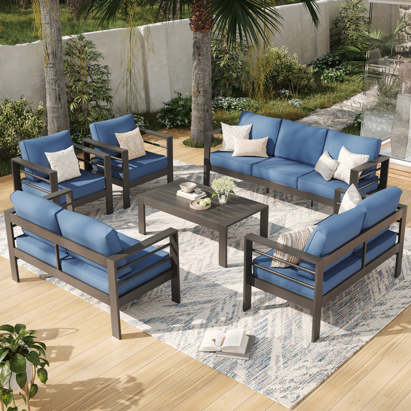 Ensemble de conversation d'extérieur pour 9 personnes avec coussins Tashiya, Gris anthracite, Bleu