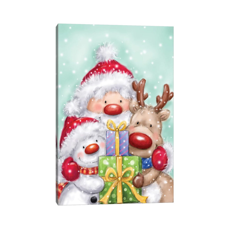 Santa, Reindeer And Snowman by MAKIKO - Wrapped Canvas Print, 30.48 cm H x 45.72 cm W