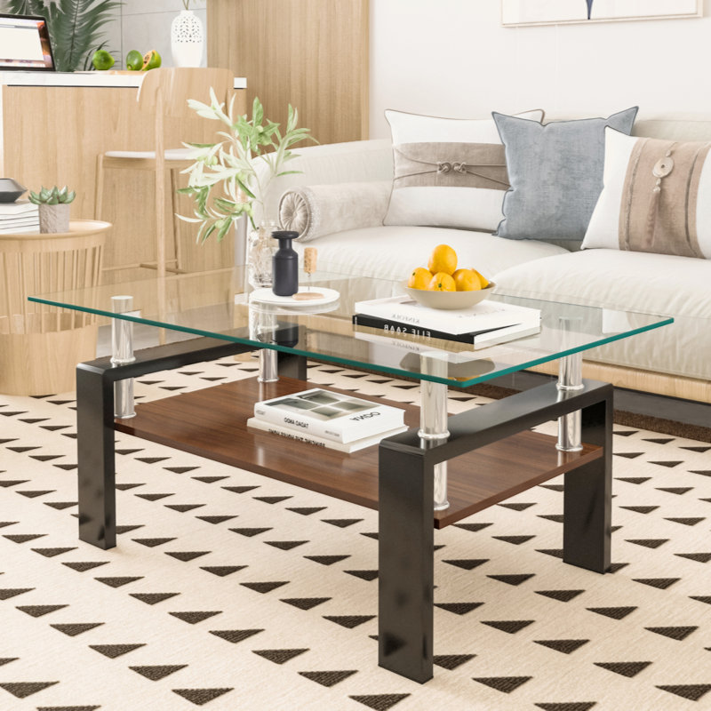 Modern Coffee Table with 2-Tier Storage Shelf, 37.2" Tempered Glass Top and Stainless Steel Legs, Rectangular Cocktail Table for Living Room, Apartment, and Small Spaces