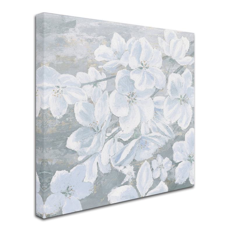 White Floral Canvas Art on Gray Background, 18" x 18"