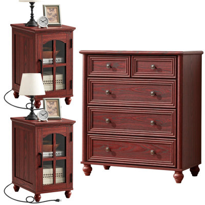 Ensemble de commode 5 tiroirs et 2 tables de chevet, mobilier de chambre en bois de ferme avec stations de charge et colonne romaine pour la chambre à coucher, le salon et le couloir