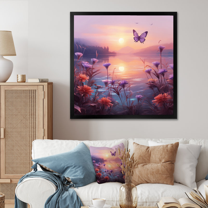 Coucher de soleil rose avec papillon rose, H 16 po x l 16 po x P 1 po, Cadre simple noir