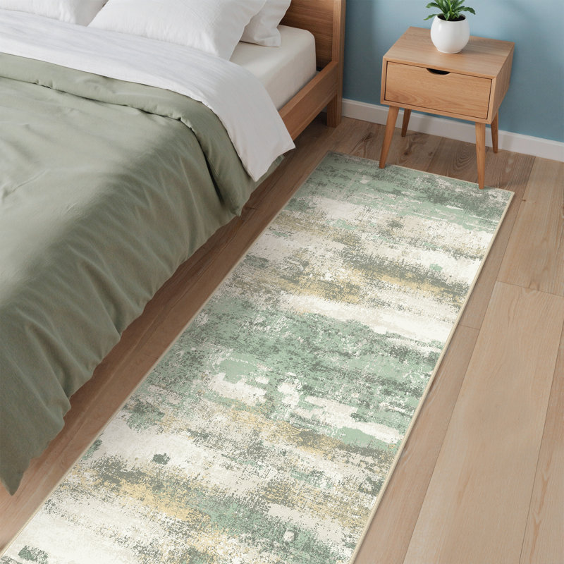 Tapis abstrait vert lavable à la machine Pavelina, Tapis de couloir 2 pi 6 po x 8 pi, Vert
