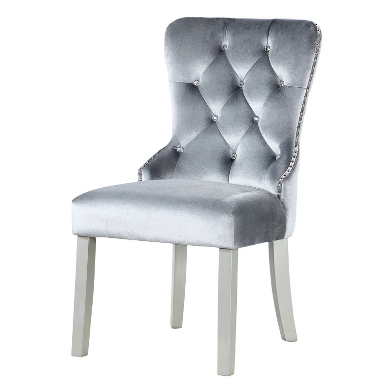Chaises d'appoint de salle à manger en flanelle 2 pièces gris foncé, design à oreilles, bois massif, miroir, garniture cloutée, 2 chaises en forme de boutons de cristal, acrylique