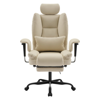 Office Chair Ergonomic 200 Kg PU Leather Computer Chair With Lumbar Support And High Backrest, Ergonomic Desk Chair With Liftable Headrest, Beige
