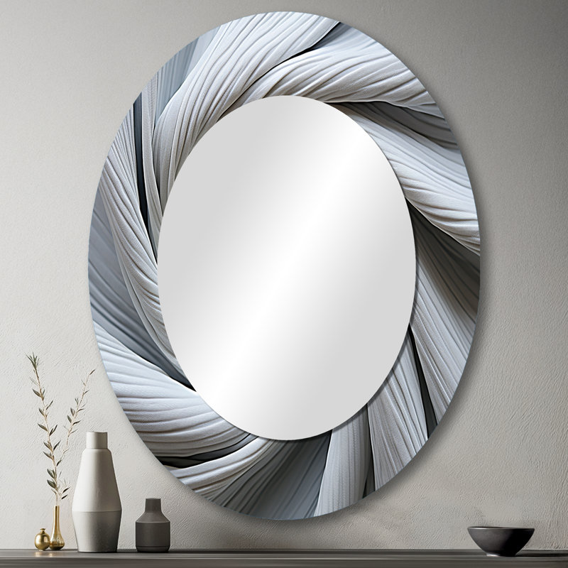 Grey Spiraling Fractal Sprial I - White Modern Oval Wall Mirror, 43" x 33"