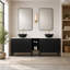 Ensemble de meuble-lavabo double autoportant 72 po avec lavabos 72 po, armoires de rangement rayées 2 x 30 po + tablette ouverte amovible 12 po, 2 vasques noires à motif de cuve en pierre avec comptoir blanc de Carrare, noir-1207210798