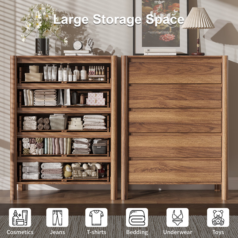 Hingham 45.3" H 5 Drawer Dresser, Wood Chest Of Drawers For Bedroom, Living Room，Brown, Brown