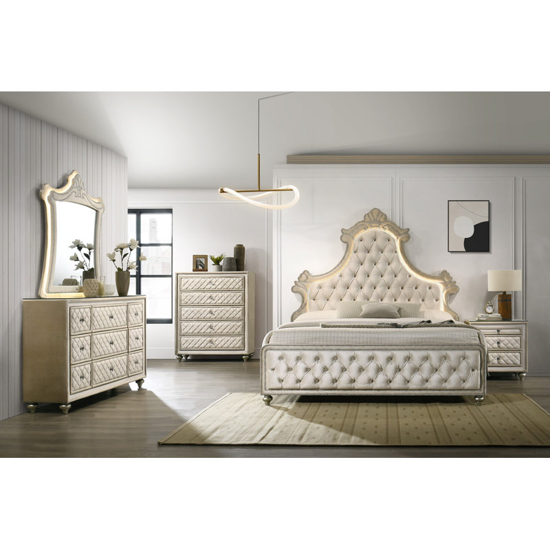 Grand lit en velours beige avec lumière DEL, Velours, Grand lit